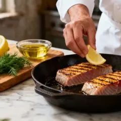 Un chef ajoute une tranche de citron sur du thon frais grillé dans une poêle. Une recette simple et savoureuse.