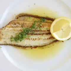 Un plat de sole meunière, un poisson délicatement poêlé, nappé d'une sauce au beurre et citron, garni de persil frais et d'une tranche de citron.