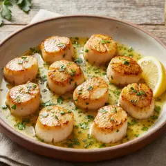 Assiette de noix de petoncle dorées, nappées d'une sauce au beurre et persil, garnie de quartiers de citron. Un verre de vin blanc et une fourchette complètent la scène.