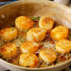 Poêlée de Saint-Jacques dorées, parsemées de poivre, dans du beurre mousseux avec du thym. Une recette coquille Saint-Jacques simple et savoureuse.