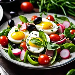 Une salade niçoise appétissante avec des œufs durs, des tomates cerises, des radis, des olives noires et du thon.