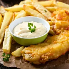 Poisson pané croustillant avec des frites dorées et une sauce crémeuse, parfait pour un repas savoureux.