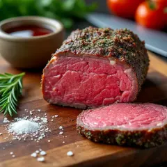 Un rôti de bœuf juteux, assaisonné d'herbes, prêt pour une recette merlan. Accompagné de romarin, sel et sauce.