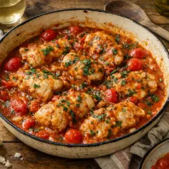 Poêlée de queue de lotte aux tomates cerises et persil, servie dans une cocotte en fonte avec du pain croustillant.
