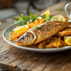 Une assiette de **eperlan frit** croustillant, garnie de quartiers de citron et de persil frais, sur une table en bois rustique.