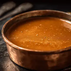Une louche en cuivre remplie d'une sauce américaine onctueuse, prête à être dégustée.