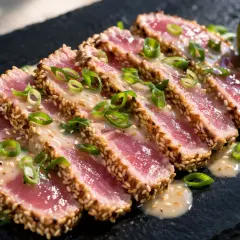 Tranches de thon snacké enrobées de sésame, arrosées d'une sauce crémeuse et garnies de ciboule. Une tranche de citron vert complète ce plat savoureux.