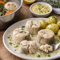 Saumonette en tronçons, cuite dans un court-bouillon avec carottes et oignon. Servi avec pommes de terre et sauce hollandaise.