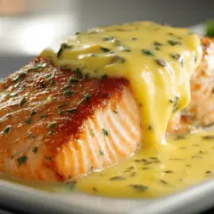 Filet de saumon doré nappé d'une onctueuse sauce au beurre citron, parsemé d'herbes fraîches. Un délice visuel et gustatif.