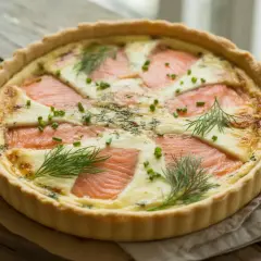 Quiche au saumon garnie d'aneth et de ciboulette, sur fond de bois.