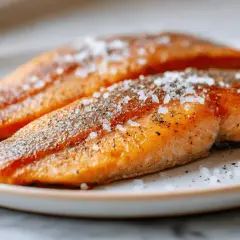 Trois pavés de truite dorés à la poêle, assaisonnés de gros sel et de poivre. Parfait pour un repas rapide, le temps de cuisson truite à la poêle est idéal.