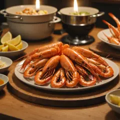 Plateau de langoustines prêtes pour la cuisson, accompagnées de citrons, d'ail et de sauces.