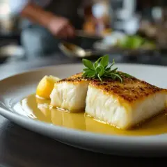 Un délicieux filet de bar poêlé, servi avec un quartier de citron et une sauce dorée, garni d'une touche de verdure.