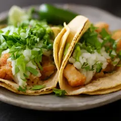 Deux tacos au poisson avec garniture fraîche sur une assiette grise.