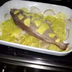 Poisson entier préparé pour la cuisson, avec des rondelles de citron et d'oignon. Une belle tacaud recette en préparation.