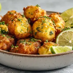Accras de poisson dorés et croustillants, parsemés de persil frais, servis avec des quartiers de citron vert dans un bol en céramique.