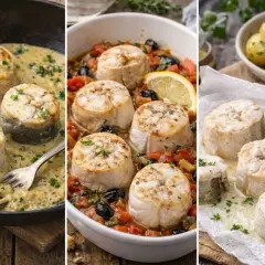 Trois présentations de cuisson saumonette : en sauce crémeuse, à la provençale, et simplement poêlée.