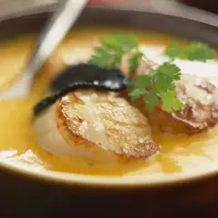 Velouté de butternut avec saint jacques poêlées, garni de persil et d'une touche de truffe.