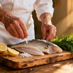 Un chef assaisonne un aiglefin entier et uneも fillet avec du gros sel, prêt pour la cuisson. Citrons, tomates cerises et aneth complètent la scène.