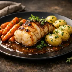 Délicieux médaillons de lotte à la poêle, accompagnés de carottes glacées et de pommes de terre nouvelles, nappés d'une sauce savoureuse.