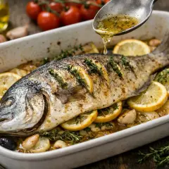 Dorade grise entière au four, garnie de rondelles de citron, d'olives noires et d'ail, arrosée d'une sauce savoureuse.