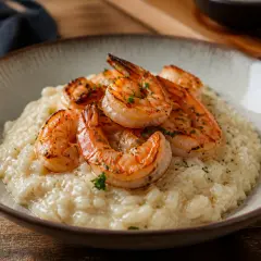Un crémeux risotto gambas, garni de crevettes grillées et persil frais, servi dans un bol rustique.