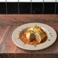Deux calamars farcis, coupés en deux, baignant dans une sauce tomate savoureuse, garnissent une assiette.