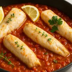 Quatre filets de roussette requin mijotent dans une sauce tomate savoureuse, garnie de quartiers de citron et d'herbes fraîches.