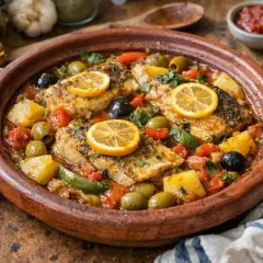 Un savoureux tajine de poisson aux olives, tomates, pommes de terre et rondelles de citron, garni de persil frais.