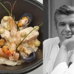 Un plat de choucroute de la mer, avec moules, crevettes et poisson, servi dans un bol noir. À côté, un portrait en noir et blanc d'un chef.
