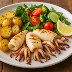 Calamars grillés avec un accompagnement de légumes frais et de pommes de terre rôties.