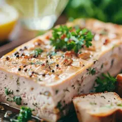 Une délicieuse terrine de saumon, une création d'un chef étoilé, garnie d'herbes fraîches et de poivre noir.