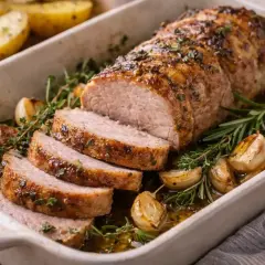 Filet de maigre rôti au four, tranché, avec ail et herbes. Le temps de cuisson est parfait pour cette viande tendre et juteuse.