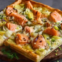 Une délicieuse quiche saumon poireaux, garnie de morceaux de saumon rose et de poireaux tendres sur une pâte dorée.
