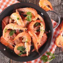 Un plat de crevettes grises fraîchement cuites, garnies de persil, sur une nappe à carreaux orange et blanche.