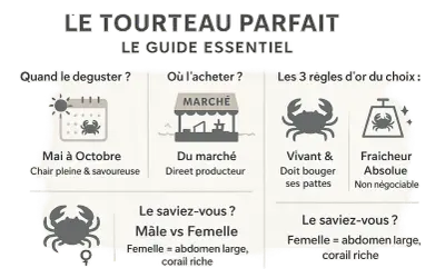 Guide pour la cuisson du tourteau : quand le déguster (mai-octobre), où l'acheter (marché), et comment le choisir (vivant, frais).