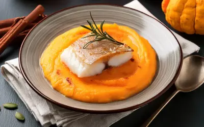 Délicieuse recette lieu jaune sur purée de courge, garnie de romarin. Ambiance automnale avec citrouilles et cannelle.