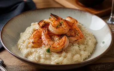 Un crémeux risotto gambas, garni de crevettes grillées et persil frais, servi dans un bol rustique.