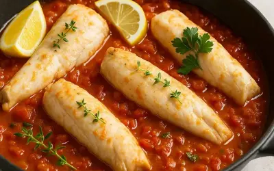 Quatre filets de roussette requin mijotent dans une sauce tomate savoureuse, garnie de quartiers de citron et d'herbes fraîches.