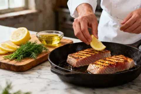 Un chef ajoute une tranche de citron sur du thon frais grillé dans une poêle. Une recette simple et savoureuse.