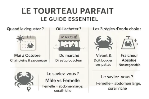 Guide pour la cuisson du tourteau : quand le déguster (mai-octobre), où l'acheter (marché), et comment le choisir (vivant, frais).