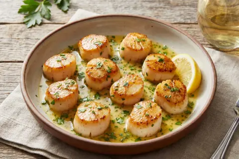 Assiette de noix de petoncle dorées, nappées d'une sauce au beurre et persil, garnie de quartiers de citron. Un verre de vin blanc et une fourchette complètent la scène.