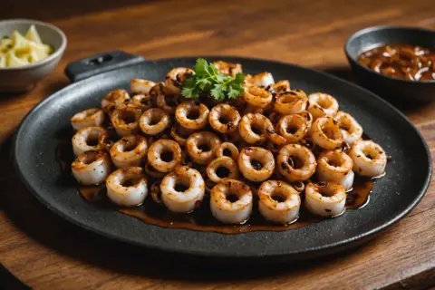 Délicieux chipirons à la plancha, grillés à la perfection et nappés d'une sauce savoureuse. Une assiette qui invite à la dégustation.
