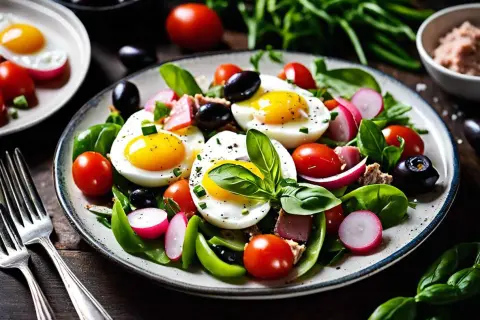 Une salade niçoise appétissante avec des œufs durs, des tomates cerises, des radis, des olives noires et du thon.
