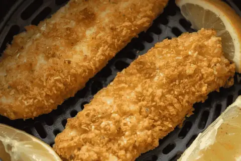 Deux filets de poisson pané dorés et croustillants, accompagnés de quartiers de citron, prêts à être dégustés dans une friteuse à air.