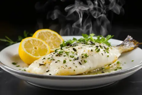 Poisson cuit à la vapeur, servi avec des citrons et des herbes. Une méthode rapide et saine pour la cuisson poisson micro onde.