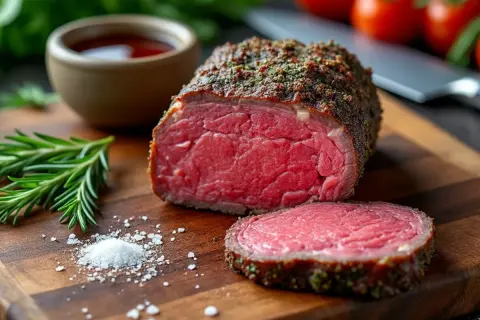 Un rôti de bœuf juteux, assaisonné d'herbes, prêt pour une recette merlan. Accompagné de romarin, sel et sauce.