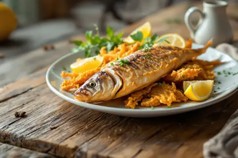 Une assiette de **eperlan frit** croustillant, garnie de quartiers de citron et de persil frais, sur une table en bois rustique.