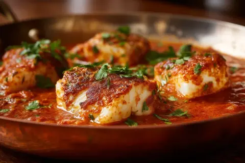 Poisson blanc en sauce armoricaine, garni de persil frais, servi dans une poêle en cuivre.