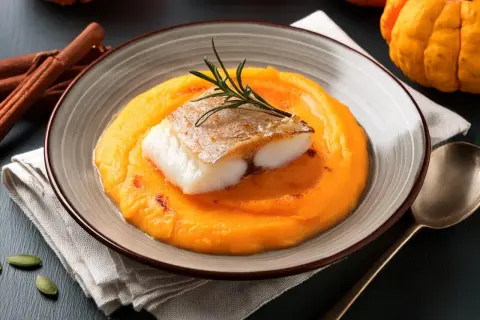 Délicieuse recette lieu jaune sur purée de courge, garnie de romarin. Ambiance automnale avec citrouilles et cannelle.